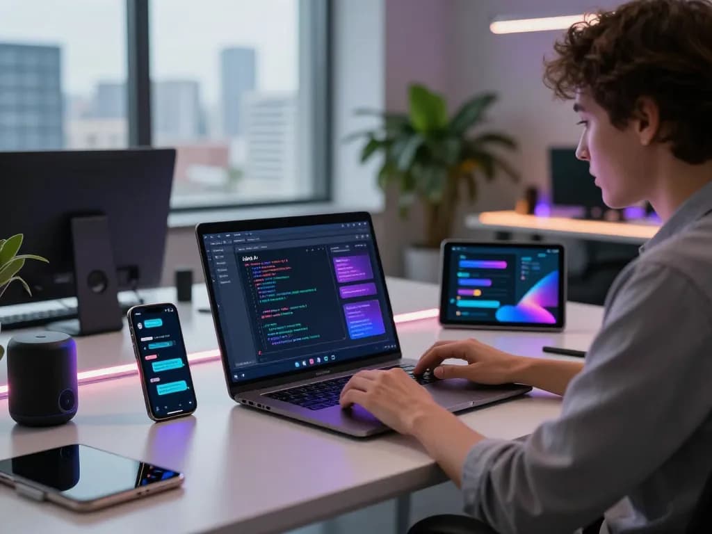 Engaging user with Juicy AI chatbot in a modern tech workspace.