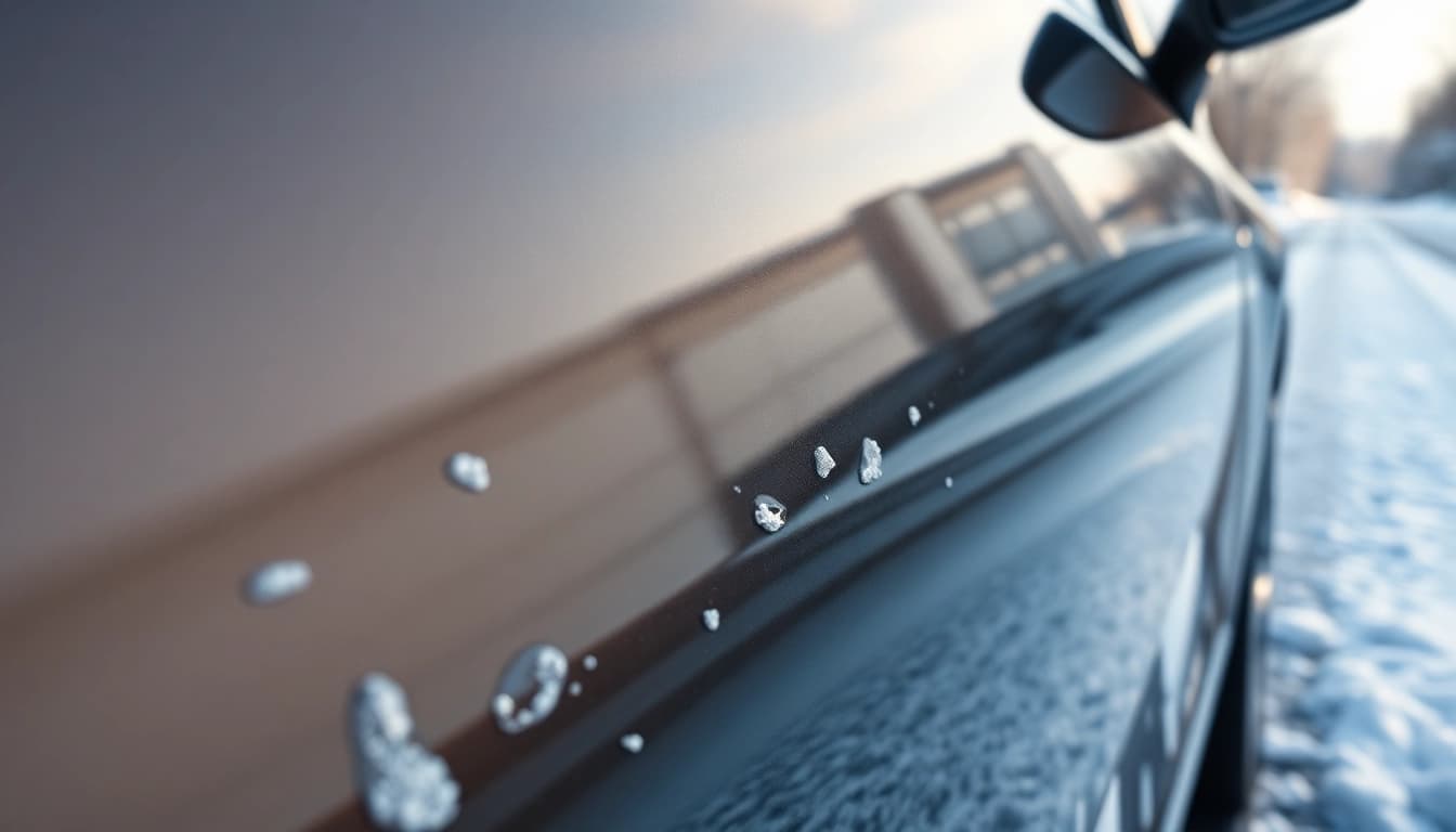 Explore PPF winter road salt protection showing a car's shining surface against snowy conditions.