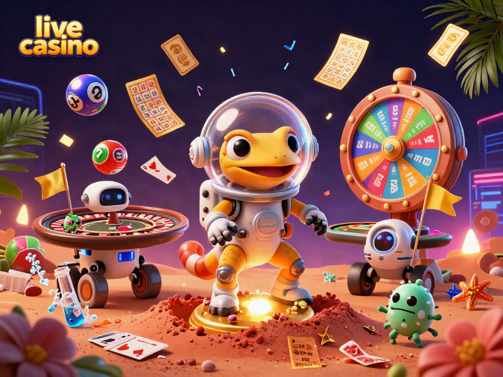 Experience the excitement of live casino gaming with animated elements celebrating a Martian's discovery.