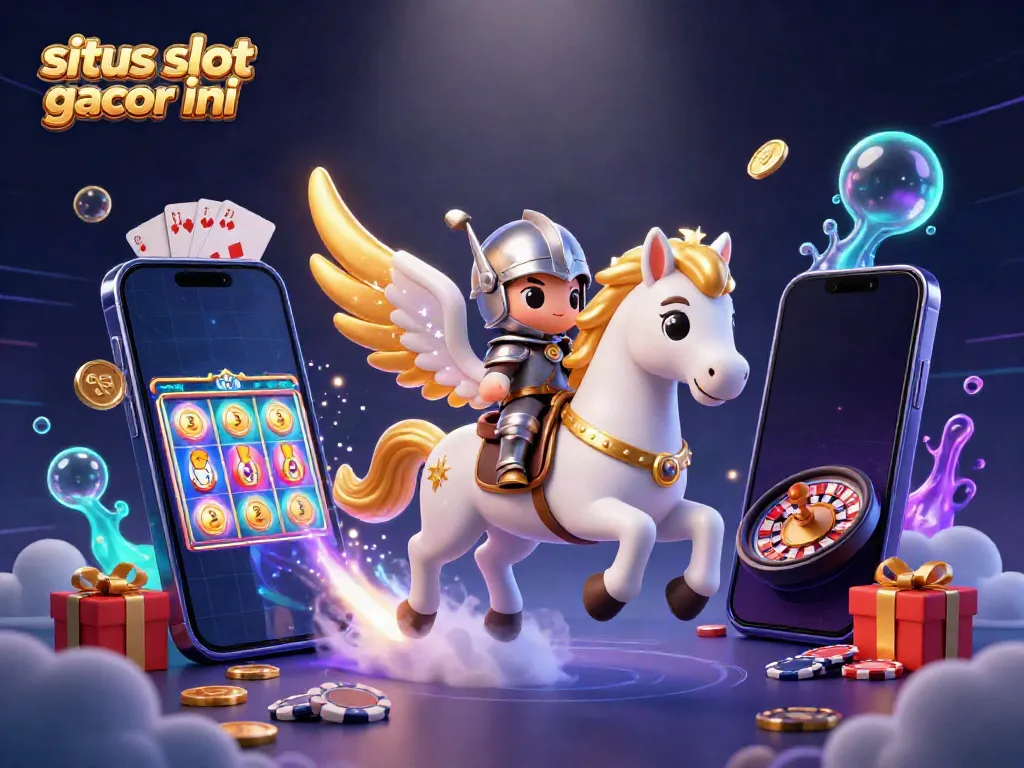 Permainan slot gacor hari ini dengan kuda bersayap dan karakter ksatria dalam ilustrasi 3D yang penuh warna.