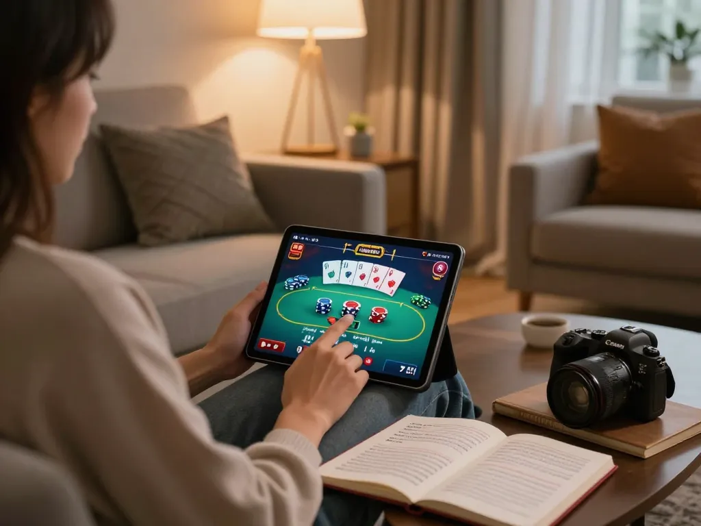 Engaged player enjoying king33 poker game on tablet, surrounded by cozy home decor.
