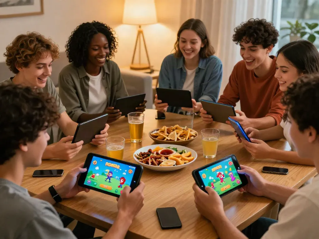 Players enjoying Rumble Rummy on smartphones with snacks in a cozy setting.