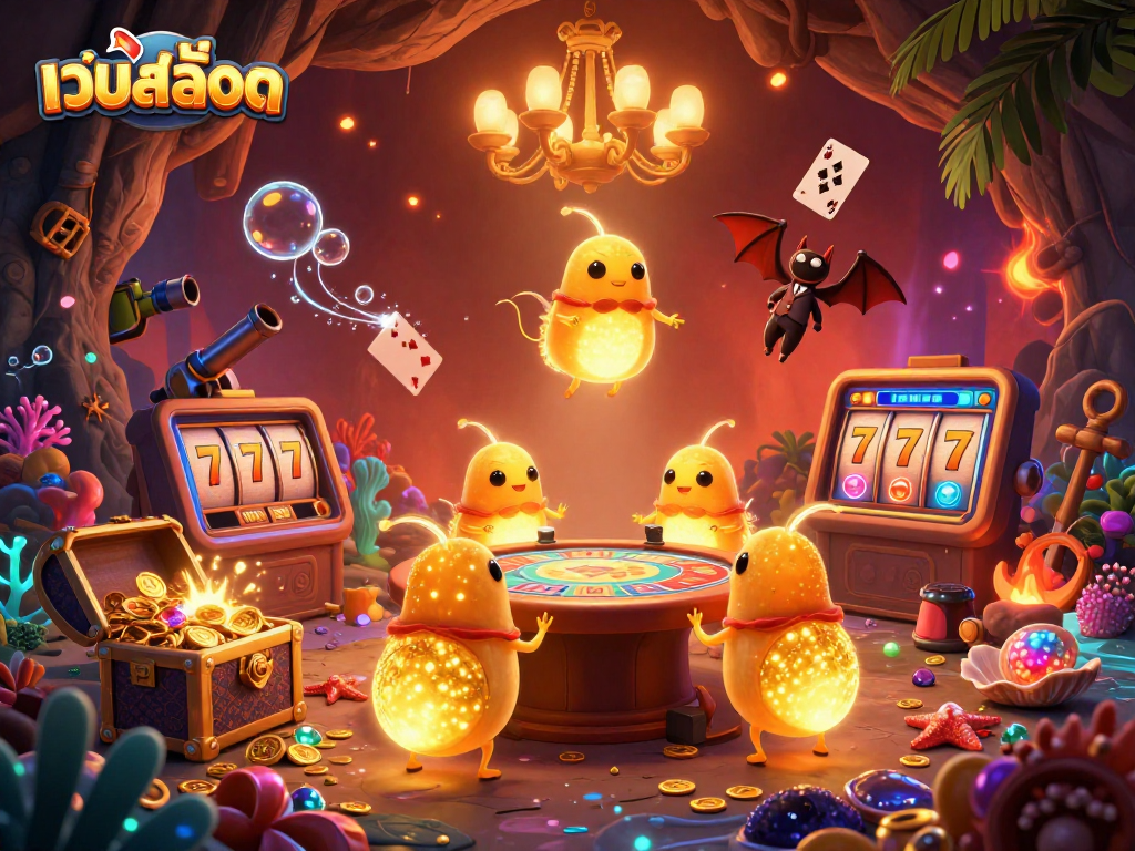 Engage in เว็บสล็อต with a playful 3D glowworm casino scene featuring vibrant slot elements and dynamic gameplay.