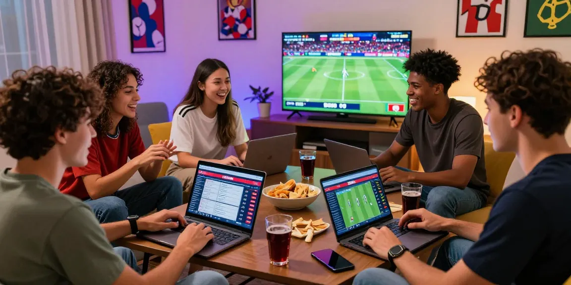 Friends enjoying SBOBET bola live betting during World Cup 2026, engaging with laptops and snacks.