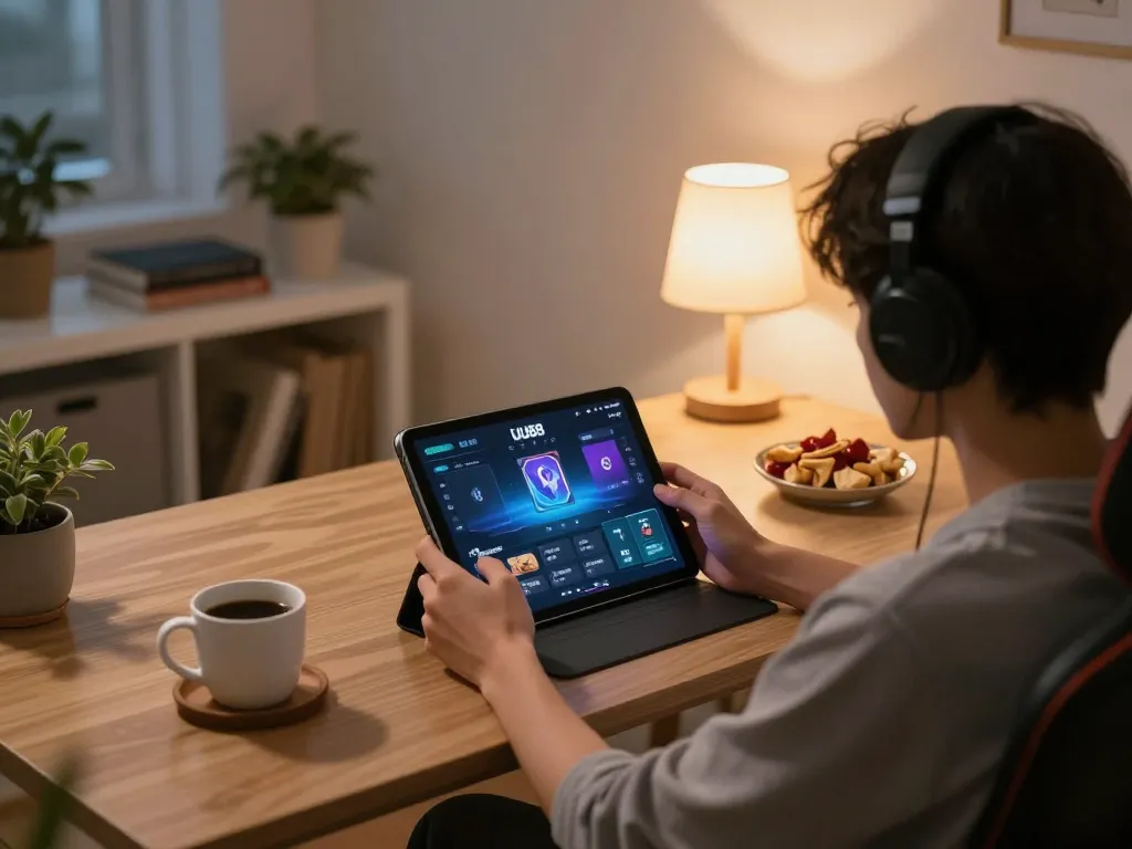 UU88 player enjoying online casino games on a tablet in a cozy home environment.