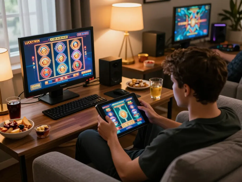 Engaging online gameplay experience while truy cập LUCKYWIN on a tablet, showcasing vibrant slot machines