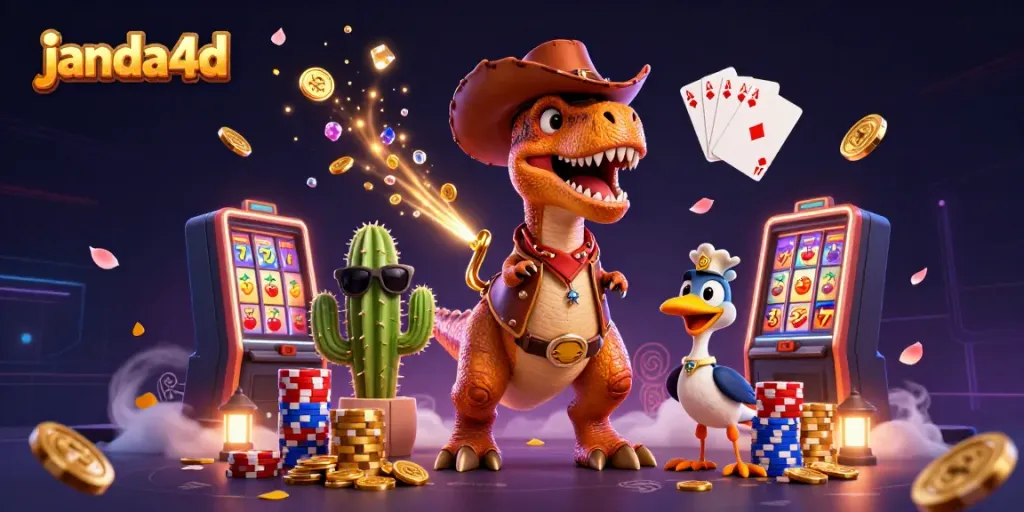 Janda4d menghadirkan pengalaman bermain slot online yang seru dengan karakter kartun dinosaur dan elemen permainan yang kaya.