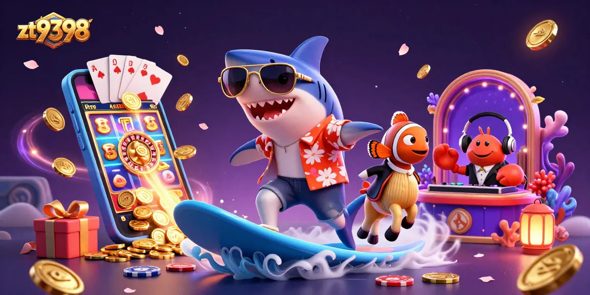 Surf the wave of gold coins with zt9398, featuring a shark, clownfish, and crab DJ in a vibrant casino scene.