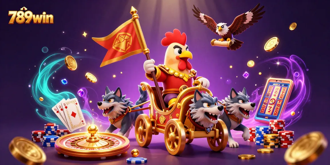 Engage in thrilling gameplay at 789win with a dynamic scene featuring a cartoon rooster warlord and golden symbols.