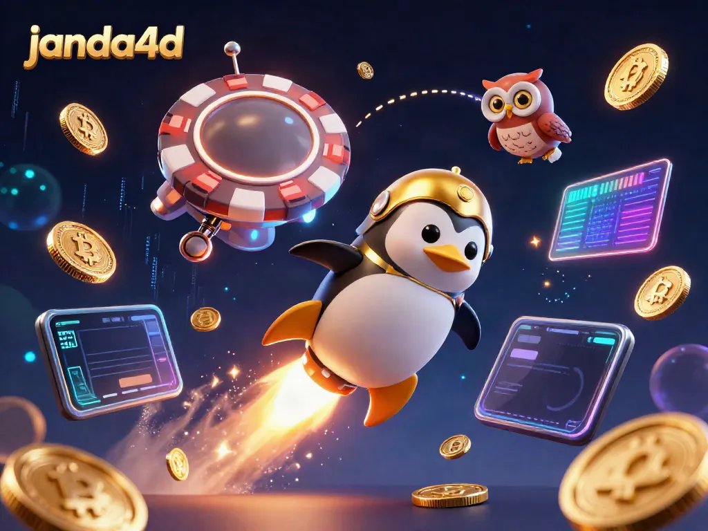 JANDA4D menghadirkan pengalaman bermain kasino online yang menarik dengan ilustrasi penguin emas berenergi dan elemen kripto dalam permainan.