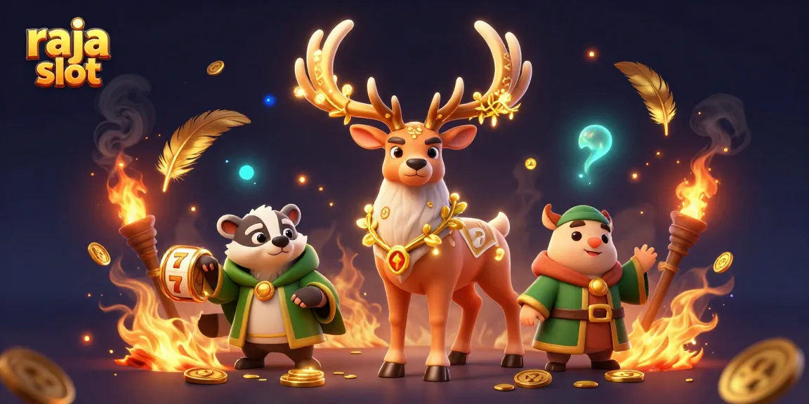 Experience thrilling raja slot adventures with a dynamic illustration of characters and slot reels.