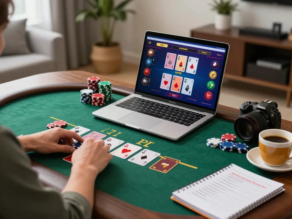Engaged in online gambling at home, exploring Canada online casinos with live dealer blackjack interface.