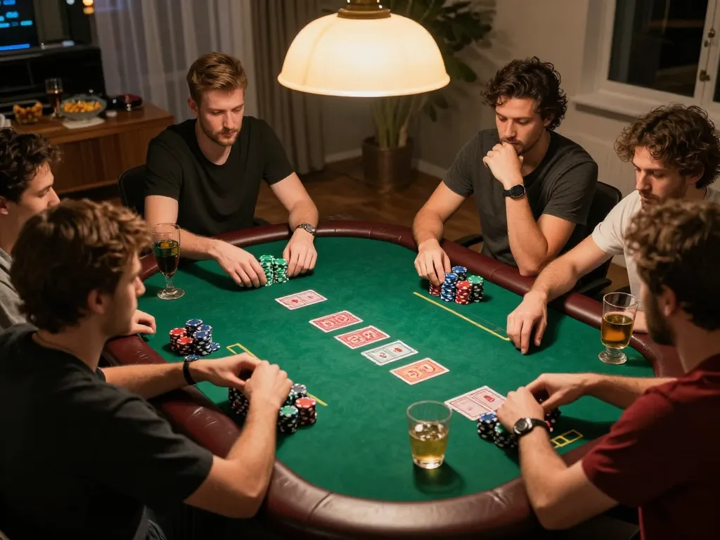 Friends playing poker at home, showcasing the excitement of non gamstop casinos in a cozy setting.