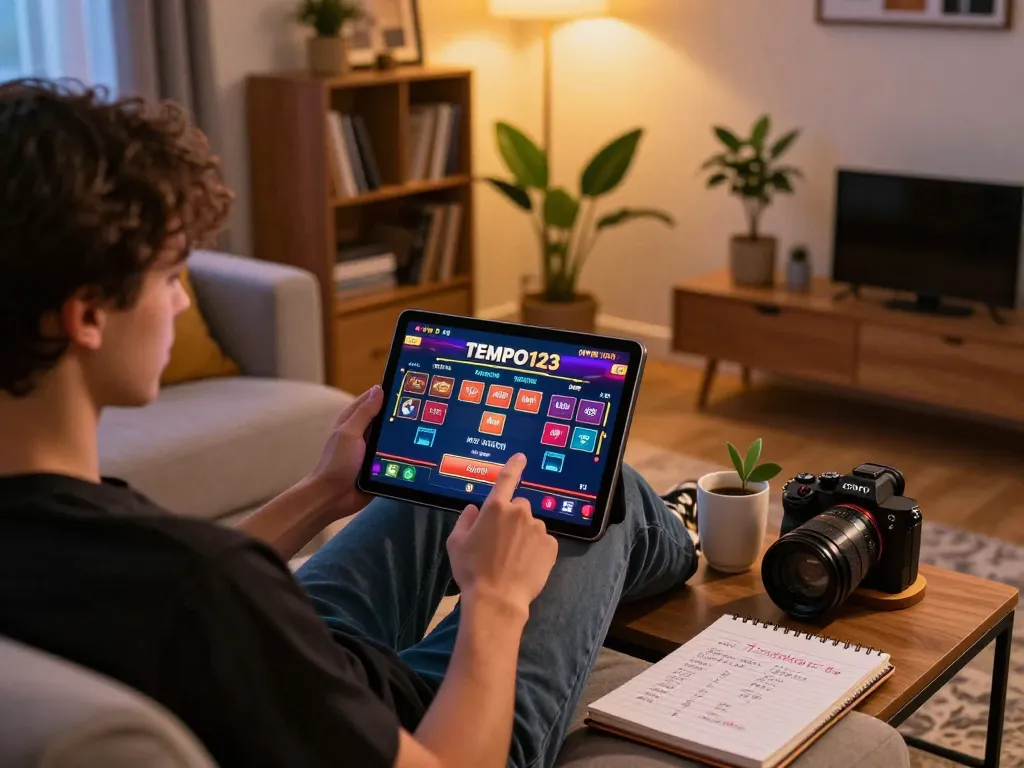 Experience the thrill of Tempo123 gaming at home with a vibrant online casino setup, showcasing strategic betting.