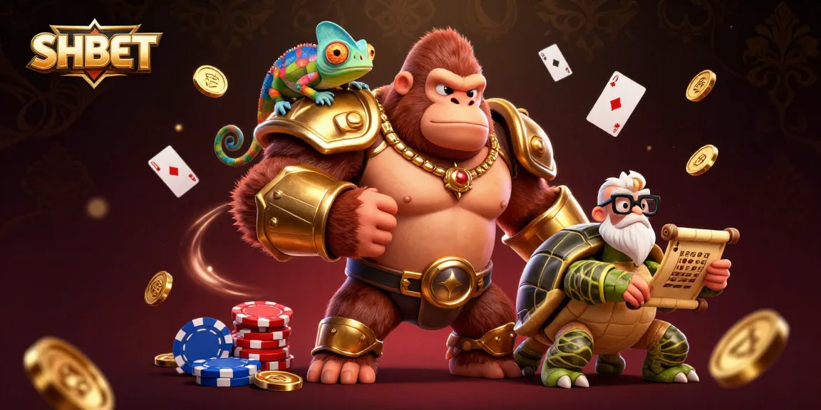 Engage with SHBET's thrilling gaming experience featuring a powerful gorilla and colorful casino elements.