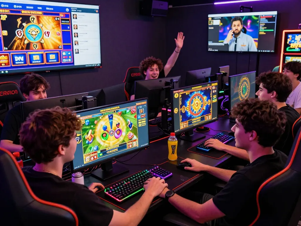 Exciting gaming scene featuring kdslot enthusiasts enjoying vibrant online slots on multiple monitors with RGB lighting.