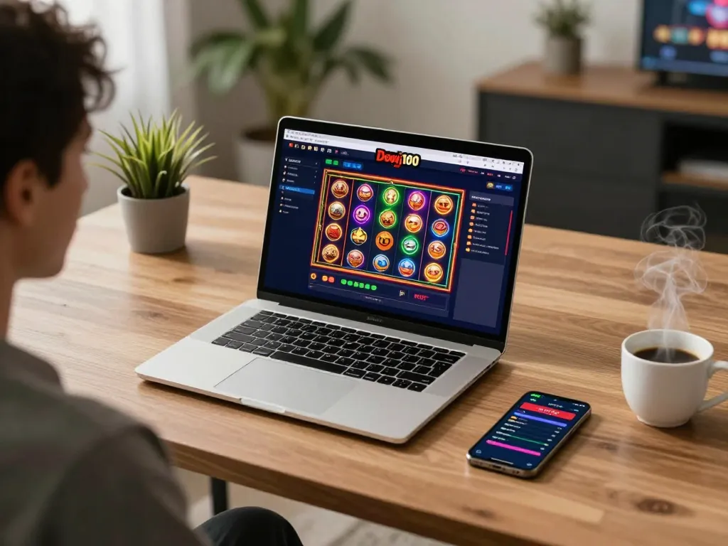 Pengaturan permainan Dewi100 yang menampilkan permainan slot yang cerah di laptop, menyoroti pengalaman perjudian online yang menarik.