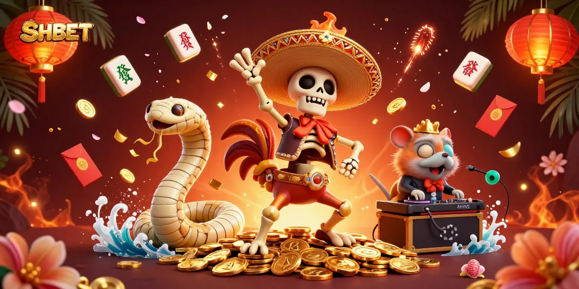 SHBET brings excitement to life with a mariachi rooster dancing on coins amidst a vibrant casino celebration.