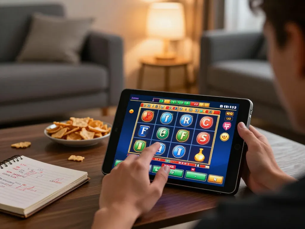 Pemain menikmati slot online dasi4d di tablet dengan catatan strategis dan camilan di dekatnya.