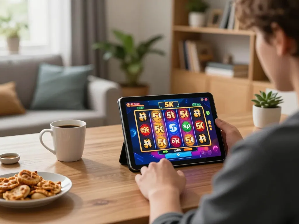 Engaging in a slot 5k game at home, featuring a vibrant tablet screen and cozy setup.