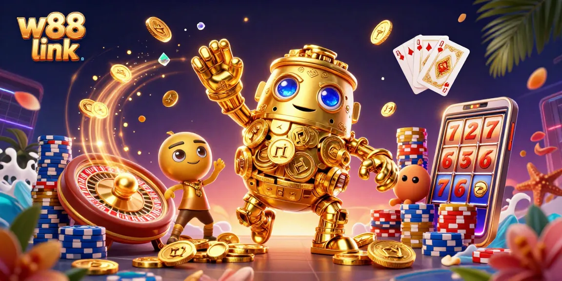 Experience thrilling gameplay with the W88 link, featuring a dynamic casino scene with golden coins and vibrant poker elements.