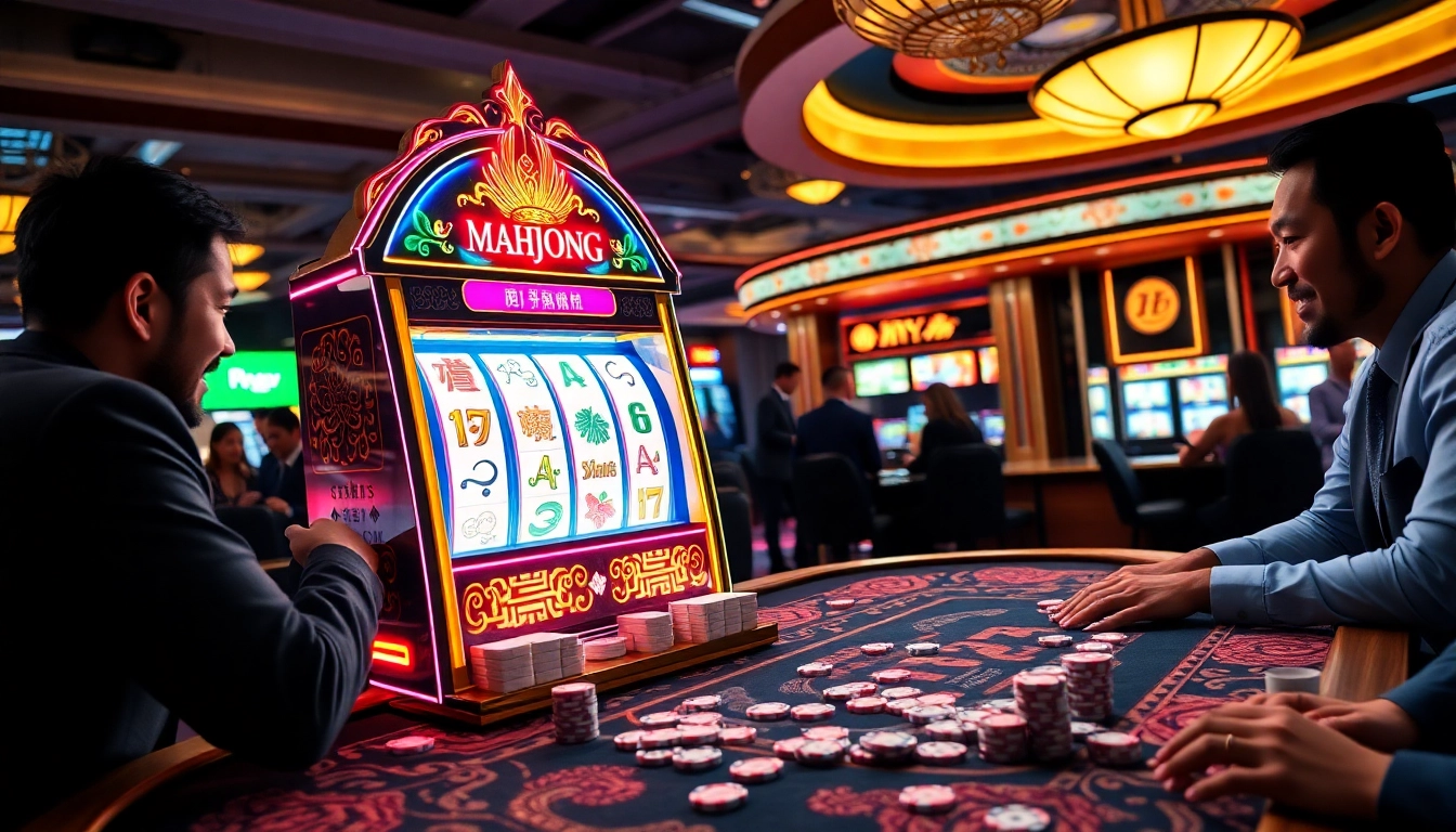 Engaging players enjoying the slot demo mahjong at a vibrant casino table filled with poker chips.