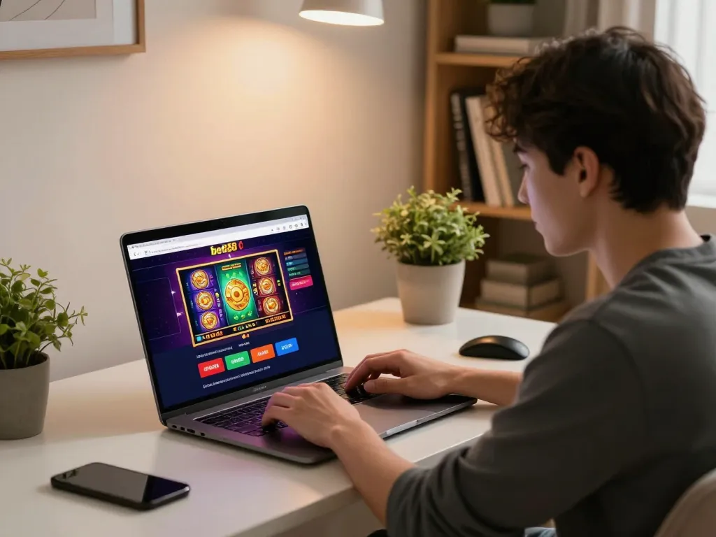 Engaged player using bet88 for online slots while enjoying a cozy home ambiance