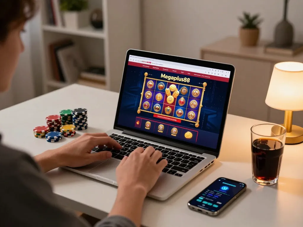 Engaging gameplay on megaplus88 with a glowing laptop showing vibrant slot games in a cozy home setting.