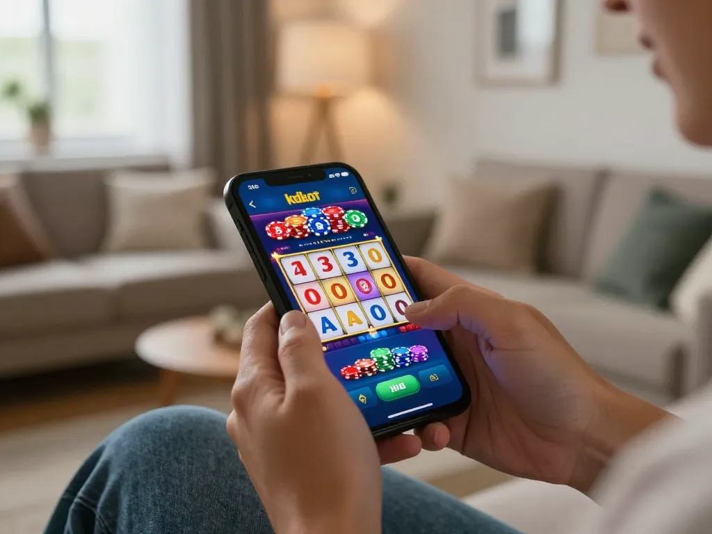 Engaging in kdslot mobile gaming with exciting reels spinning on a smartphone in a cozy setting