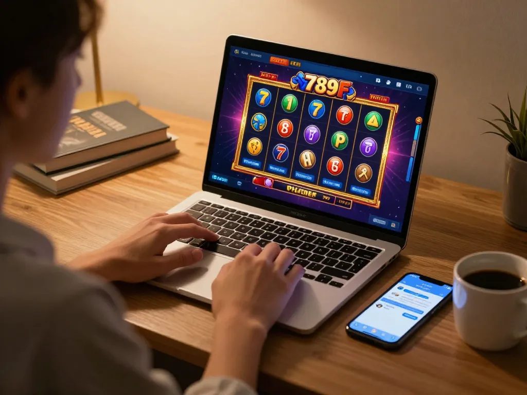 Engaging in online slots at 789F, showcasing vibrant game interface and cozy gaming atmosphere.