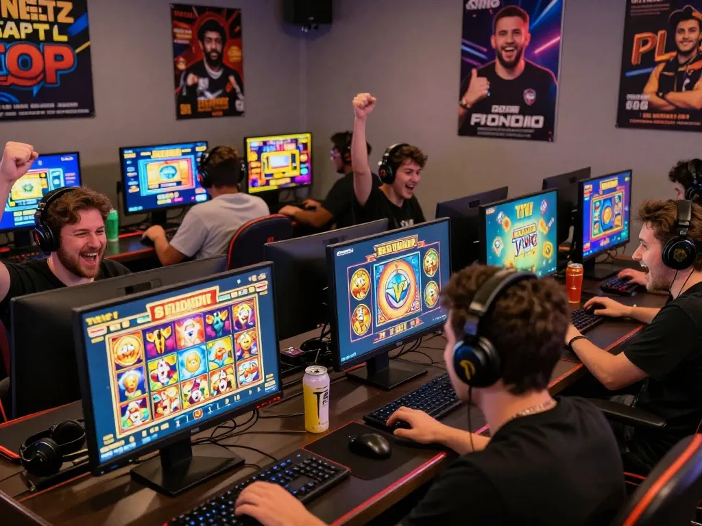 Situs slot gacor scene permainan online dengan pemain merayakan kemenangan dalam lingkungan digital yang cerah.