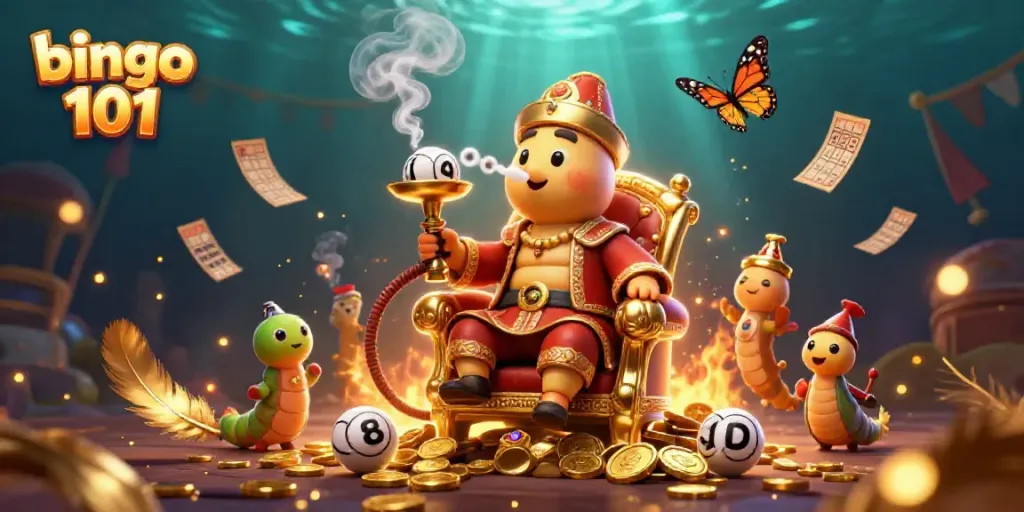 Engage in Bingo 101 with this vibrant scene featuring a whimsical caterpillar master and bingo elements.