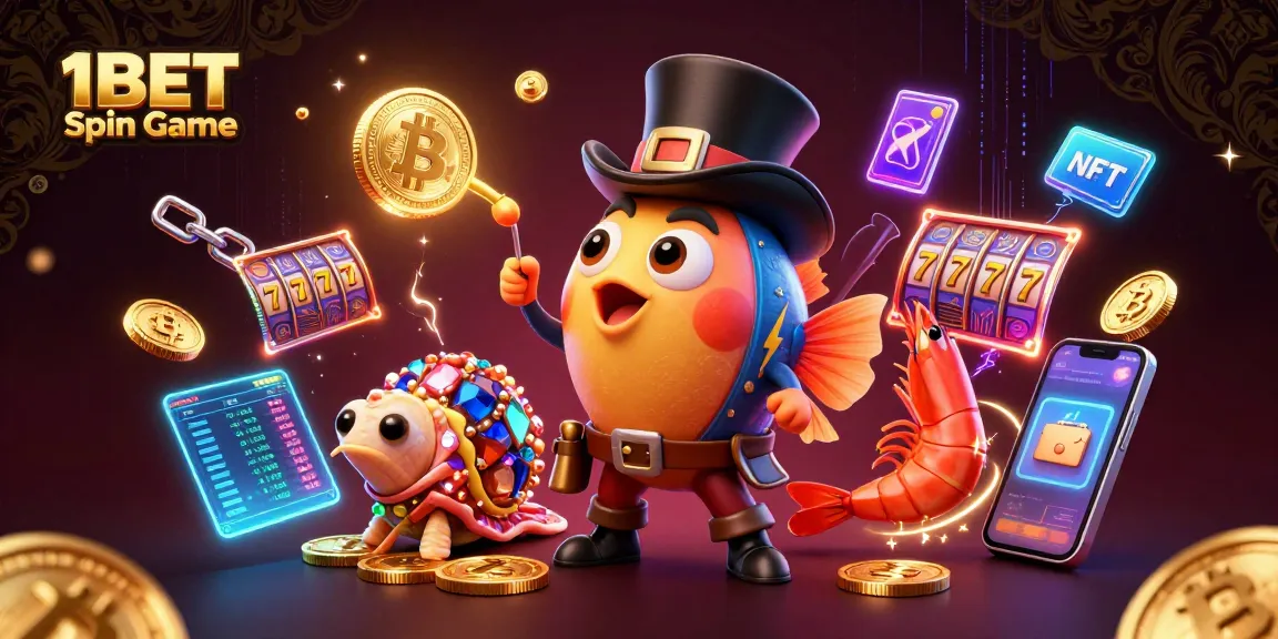 Winning at the 1BET Spin Game with cartoon characters chasing golden treasures and crypto elements