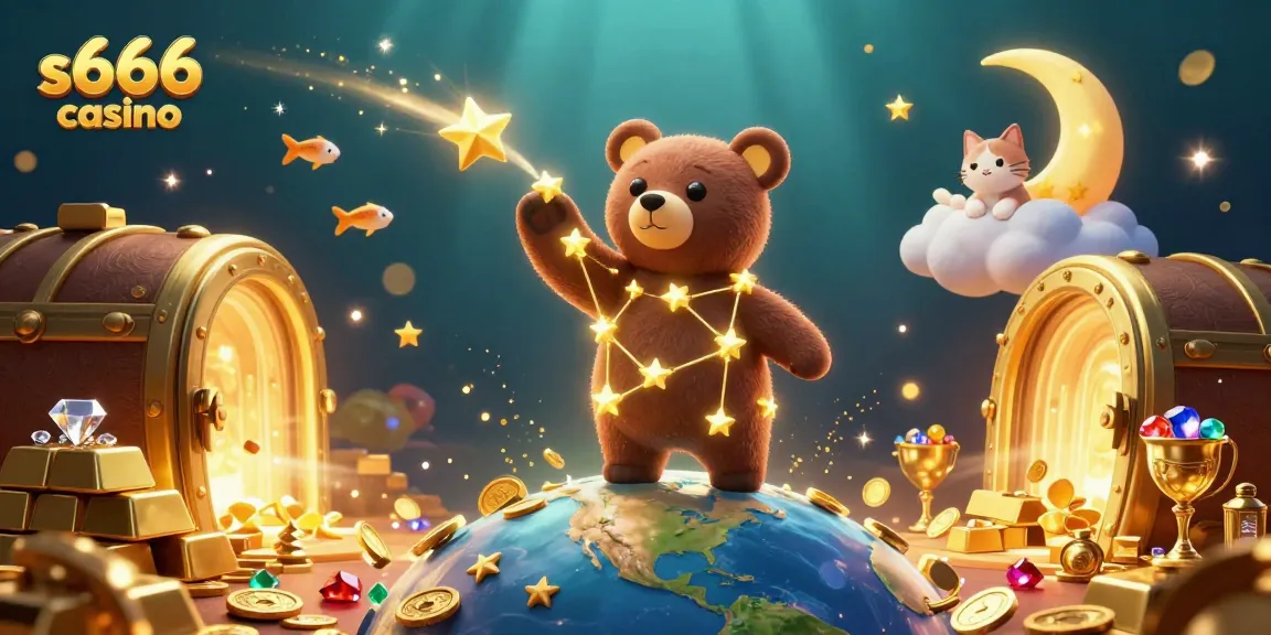 Scoop coins while enjoying gaming fun at s666 casino, featuring a golden bear and magical elements.