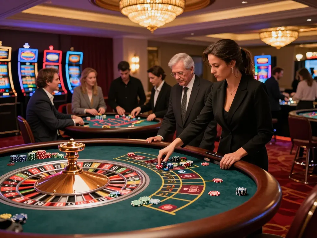 Players engaging in strategic betting at LC88's upscale roulette table in a vibrant casino atmosphere