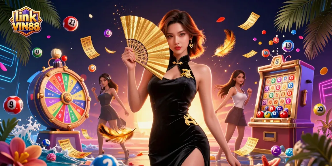 Experience exciting games at link VIN88 with vibrant lottery balls and radiant prizes surrounding an elegant character.