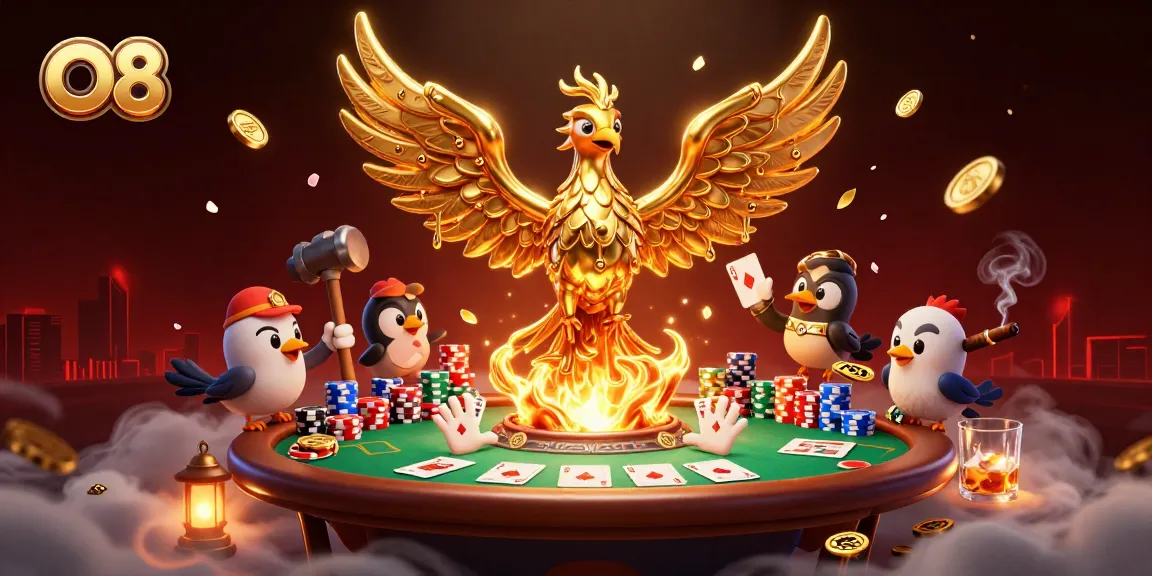 Experience thrilling gaming at O8 with a powerful phoenix emerging from molten gold amidst vibrant casino elements.