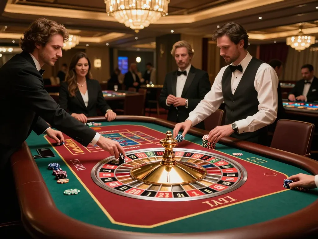 MM88 players placing bets at an upscale roulette table, showcasing vibrant gaming atmosphere.