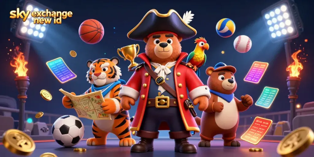 Engage with the sky exchange new id experience in this vibrant 3D casino-themed scene filled with dynamic sports elements.