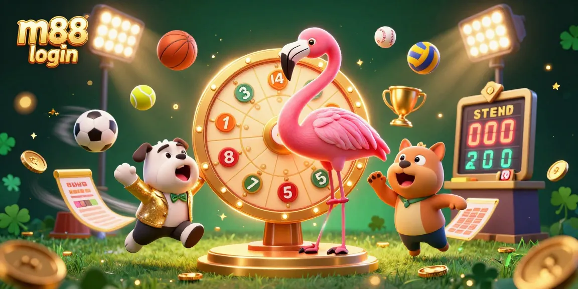 Experience m88 login with excitement as cartoon characters spin a prize wheel amidst dynamic sports elements.
