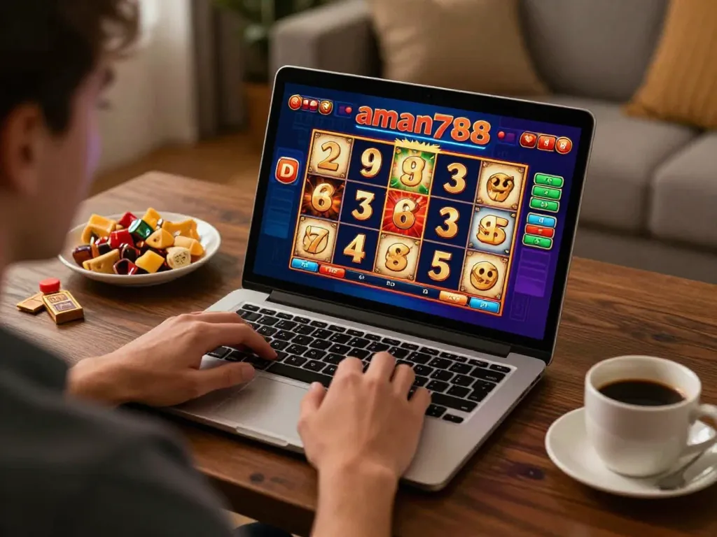 Player engaging with aman788 online slot game on a laptop in a cozy home setting