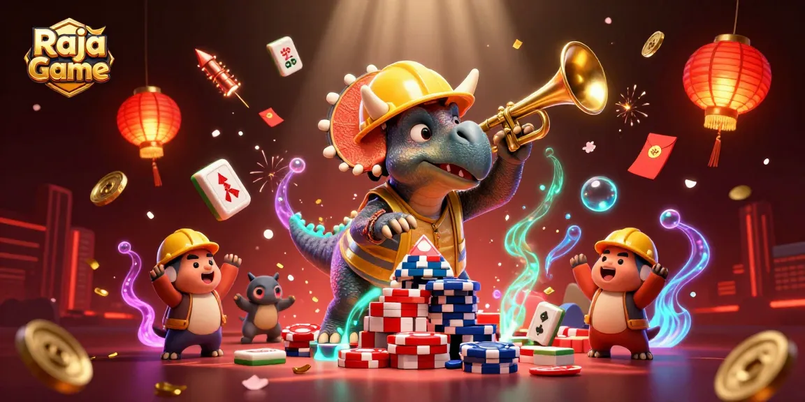 Win exciting rewards on Raja Game with colorful characters building poker chips!