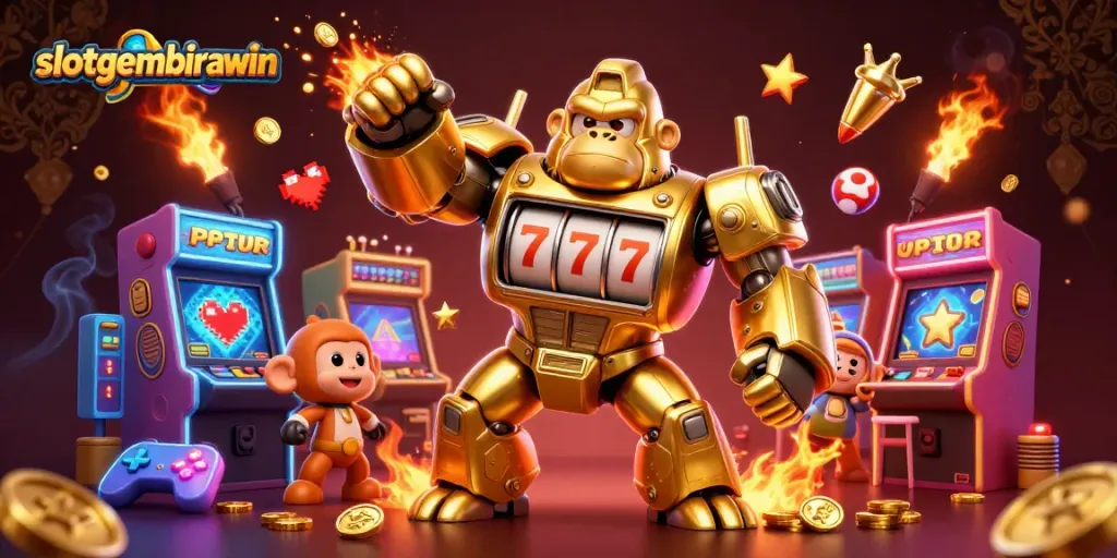 Experience the excitement of slotgembirawin with golden gorilla mech and arcade elements.