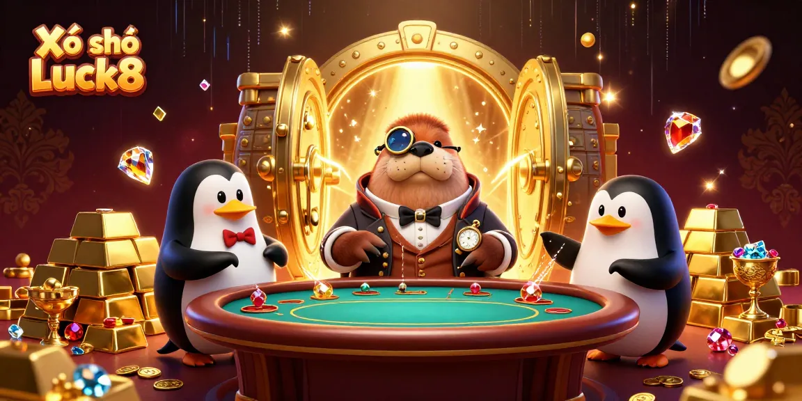 Experience Xổ số Luck8 excitement with a jolly walrus at a poker table, featuring vibrant treasures.