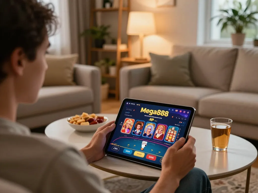 Merging smooth gameplay and entertainment, player interacting with mega888 apk on a tablet in a cozy home setting.