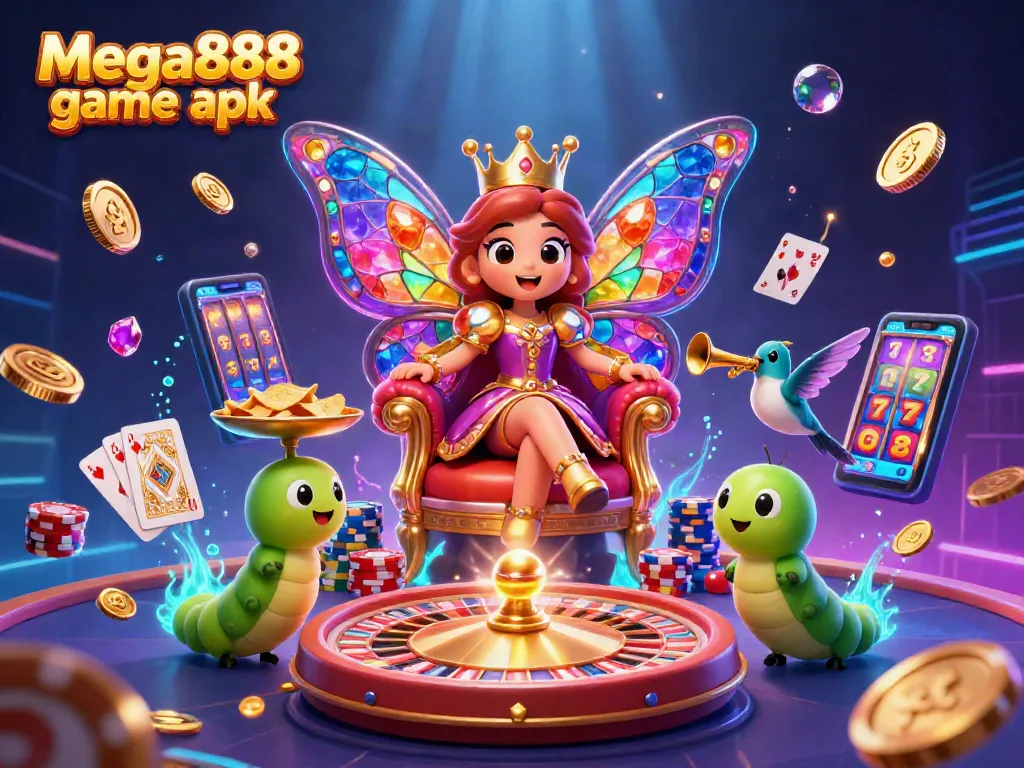 Engage with the mega888 game apk through a vibrant casino scene featuring a butterfly queen and dynamic elements.