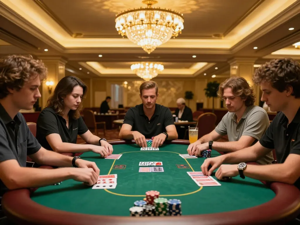 Players strategizing at a poker table in a luxurious casino setting, showcasing tv88's high-stakes gaming.