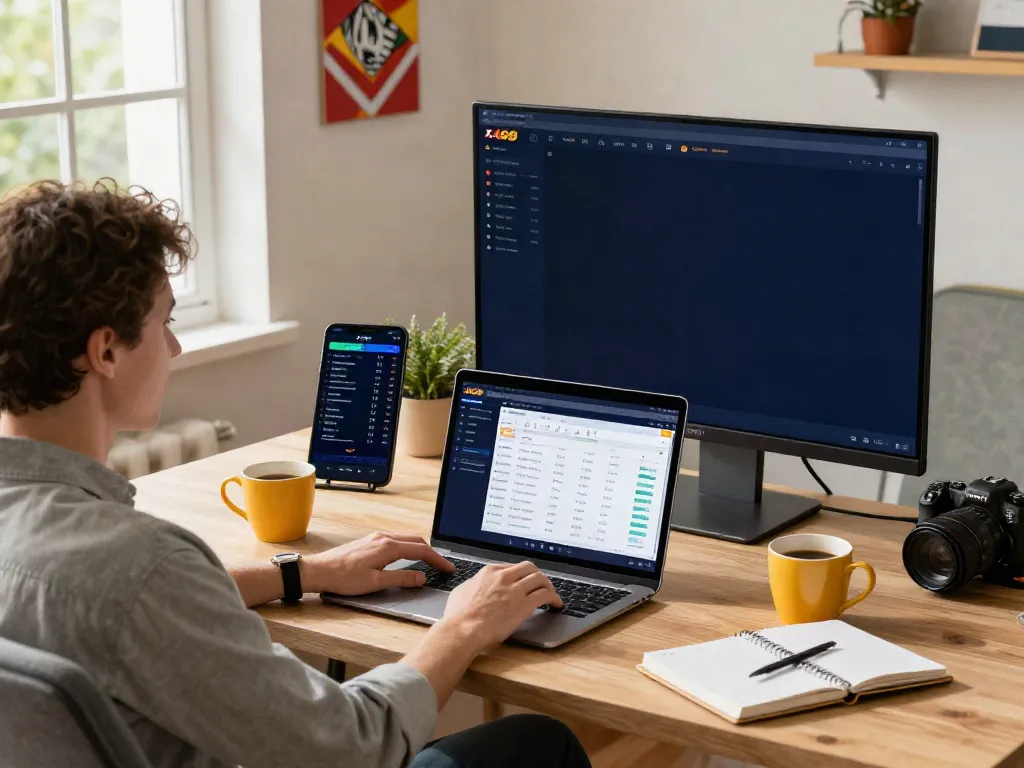 Engaging betting scene analyzing live football stats at https://xx88.day/ in a cozy home office setting.