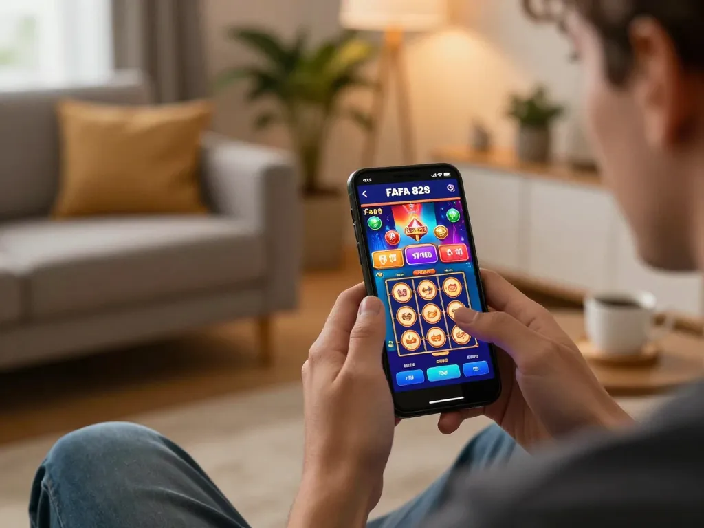 Gamer engaging with FAFA 828 mobile casino app, analyzing game graphics strategically.
