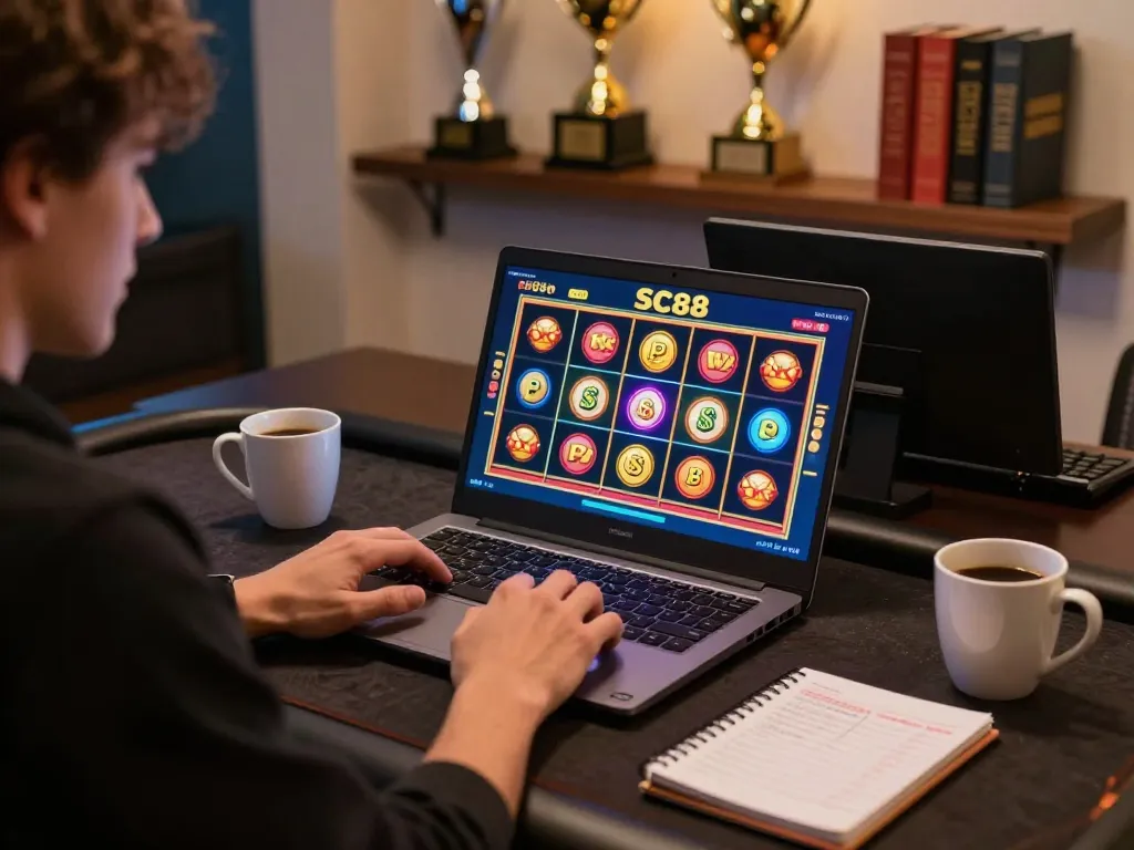 Player engaging in SC88 online slots with vibrant visuals and strategic notes in cozy environment